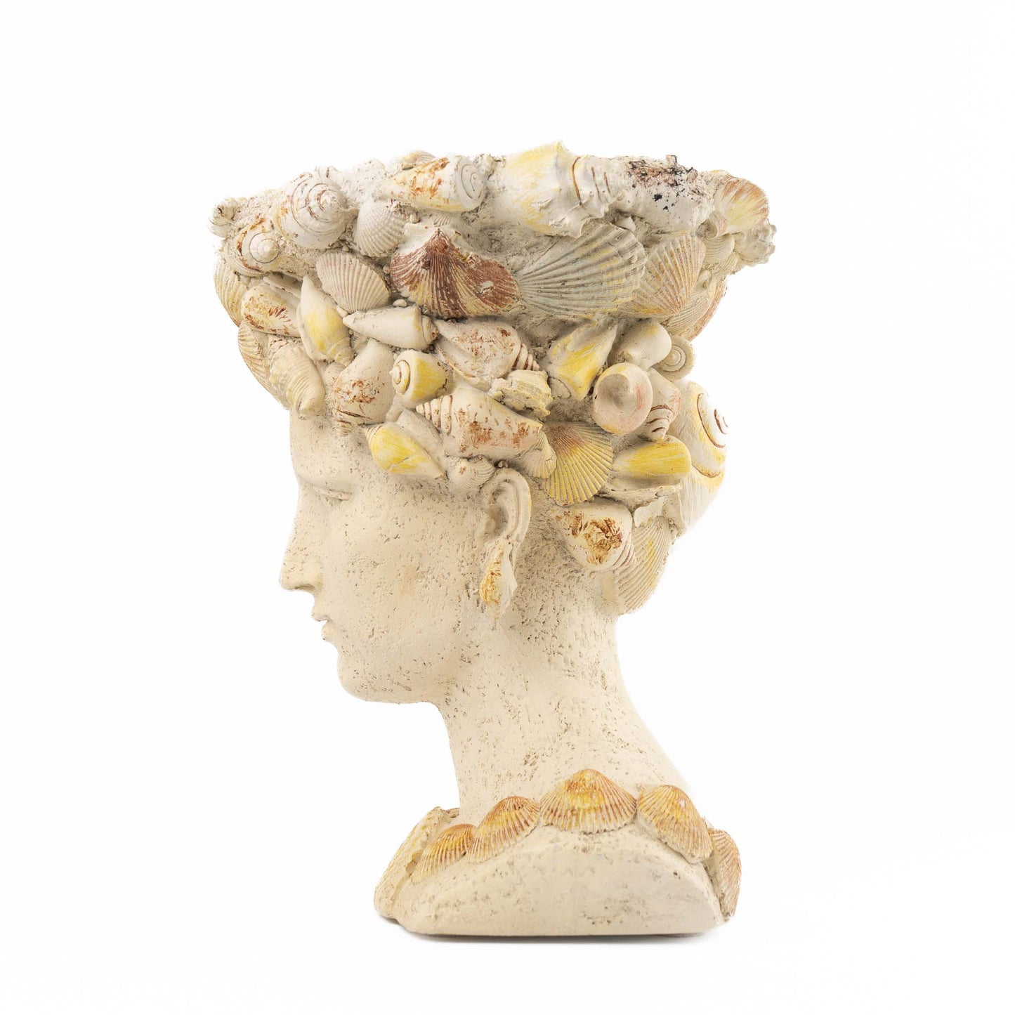 Vintage decorative grotto planter shaped like a female bust covered in seashells with an opening in the head for plants