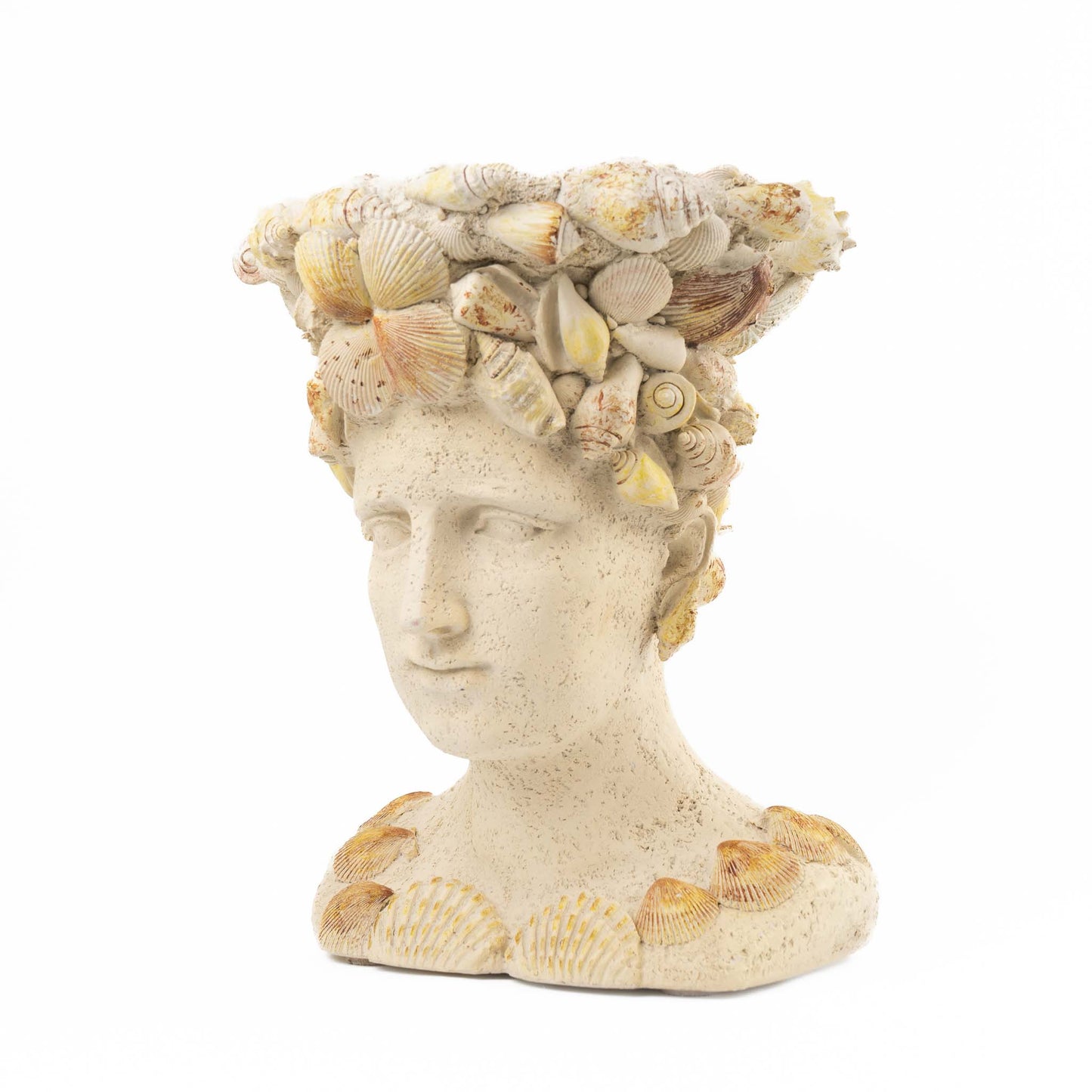 Vintage decorative grotto planter shaped like a female bust covered in seashells with an opening in the head for plants