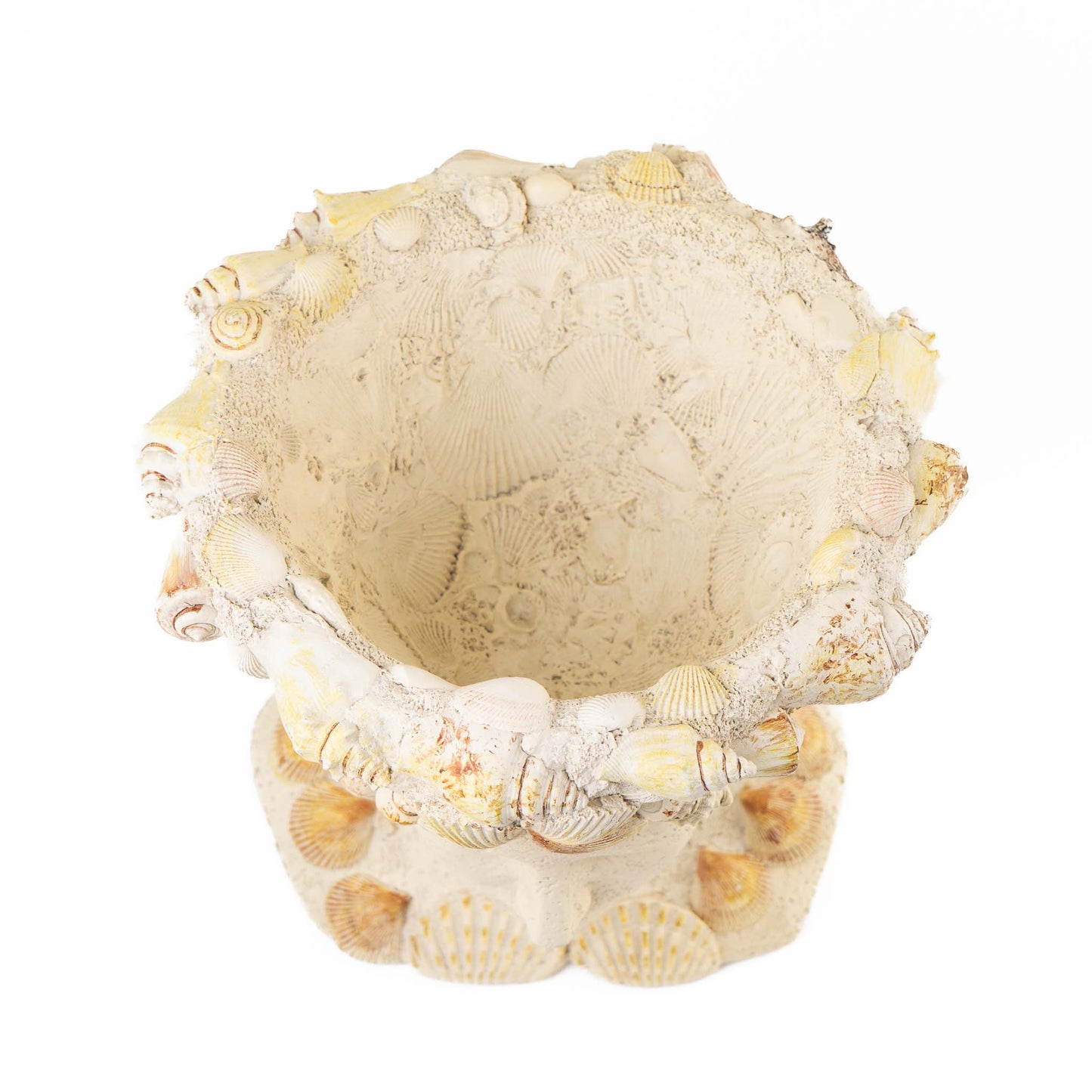Vintage decorative grotto planter shaped like a female bust covered in seashells with an opening in the head for plants