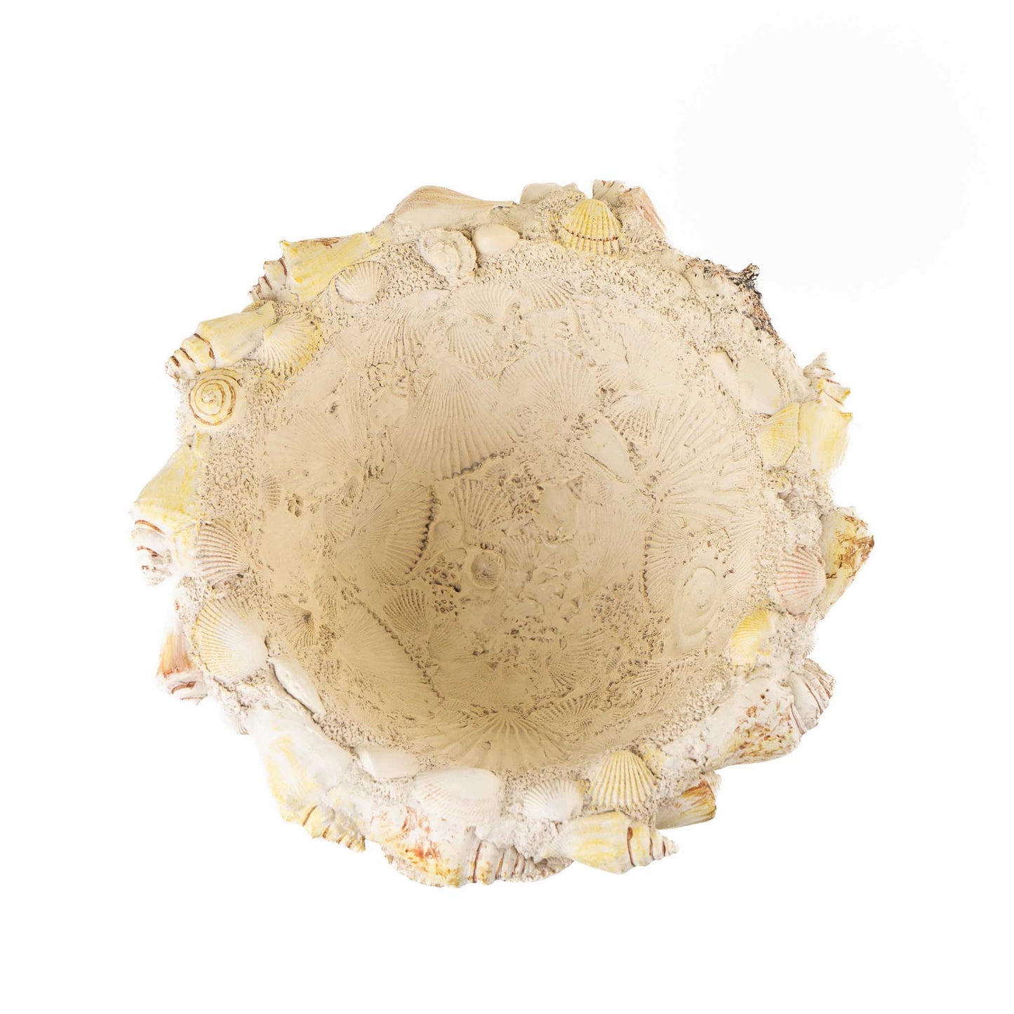 Vintage decorative grotto planter shaped like a female bust covered in seashells with an opening in the head for plants