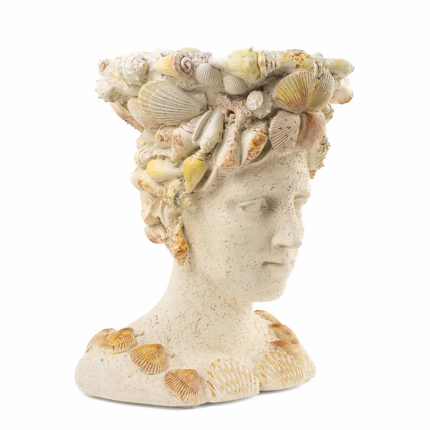 Vintage decorative planter shaped like a female bust covered in seashells with an opening in the head for plants