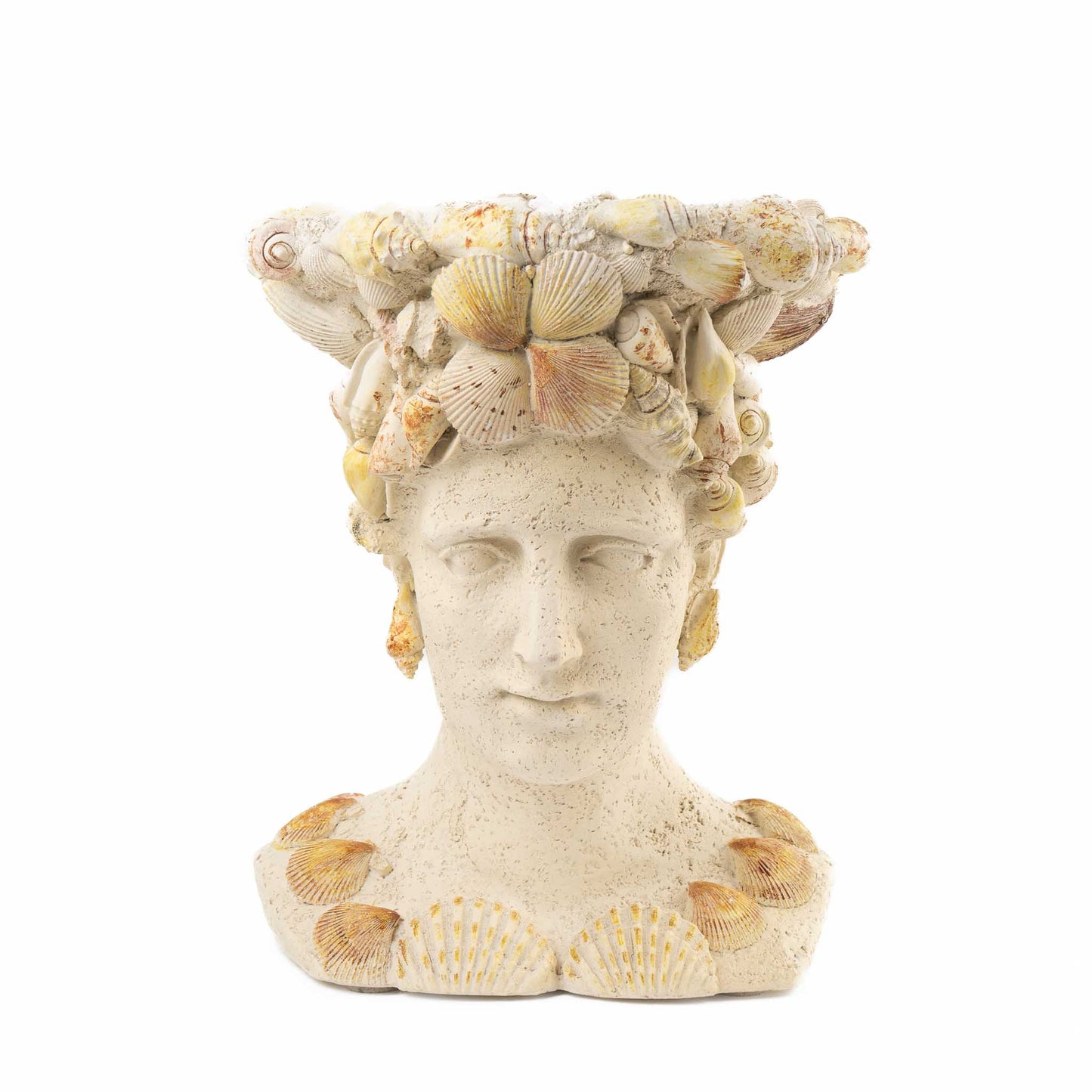 Vintage decorative grotto planter shaped like a female bust covered in seashells with an opening in the head for plants