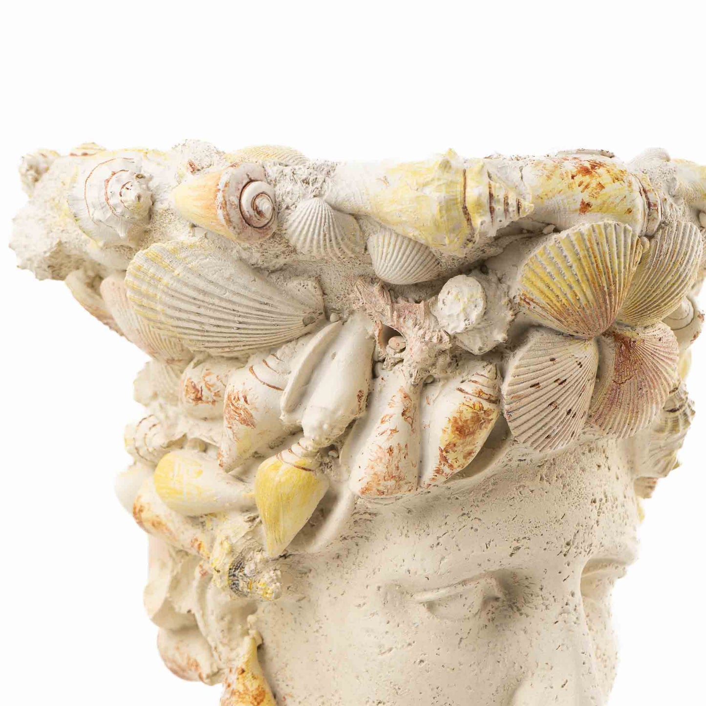 Vintage decorative planter shaped like a female bust covered in seashells with an opening in the head for plantsc