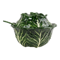 Vintage Italian majolica ceramic tureen shaped like a green cabbage with detailed leaf texture, shown with matching lid and serving spoon