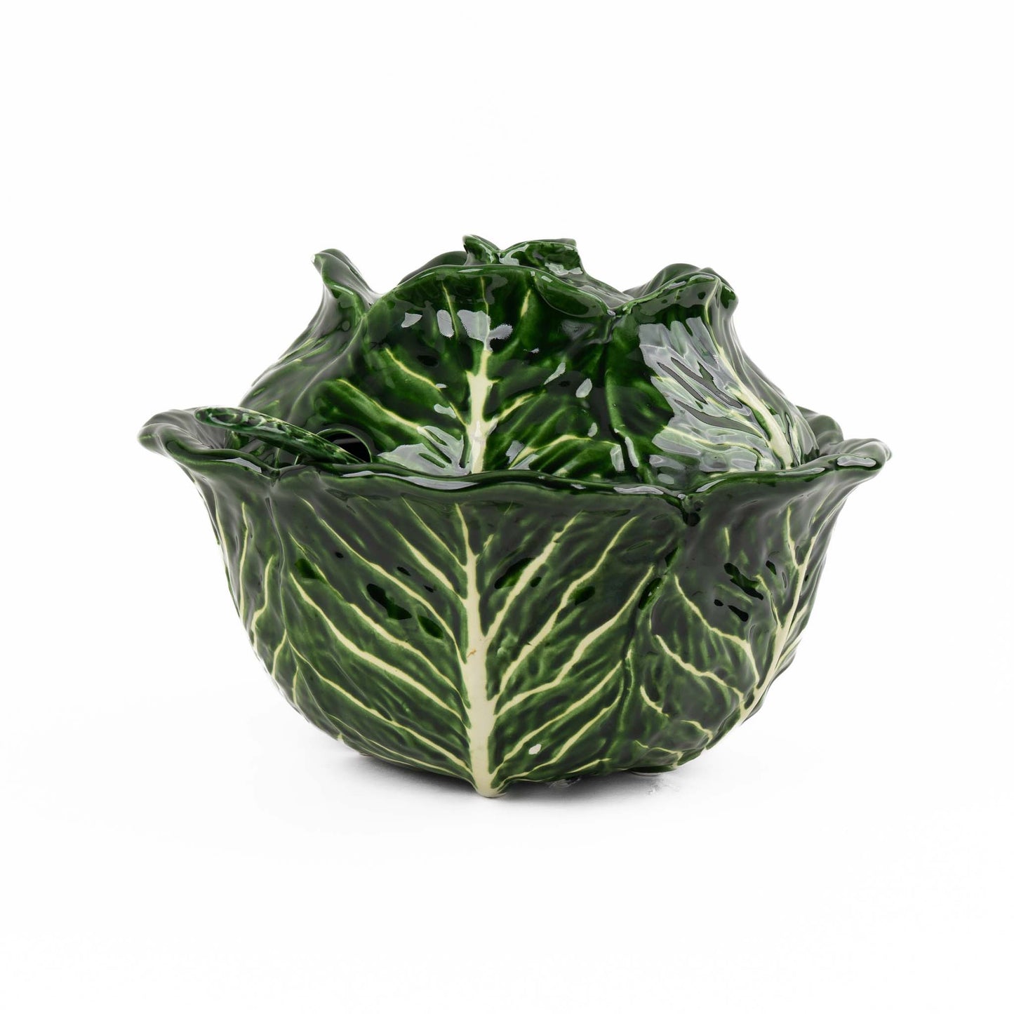 Vintage Italian majolica ceramic tureen shaped like a green cabbage with detailed leaf texture, shown with matching lid and serving spoon