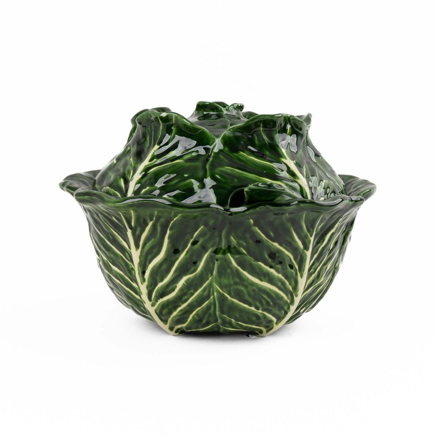 Vintage Italian majolica ceramic tureen shaped like a green cabbage with detailed leaf texture, shown with matching lid and serving spoon
