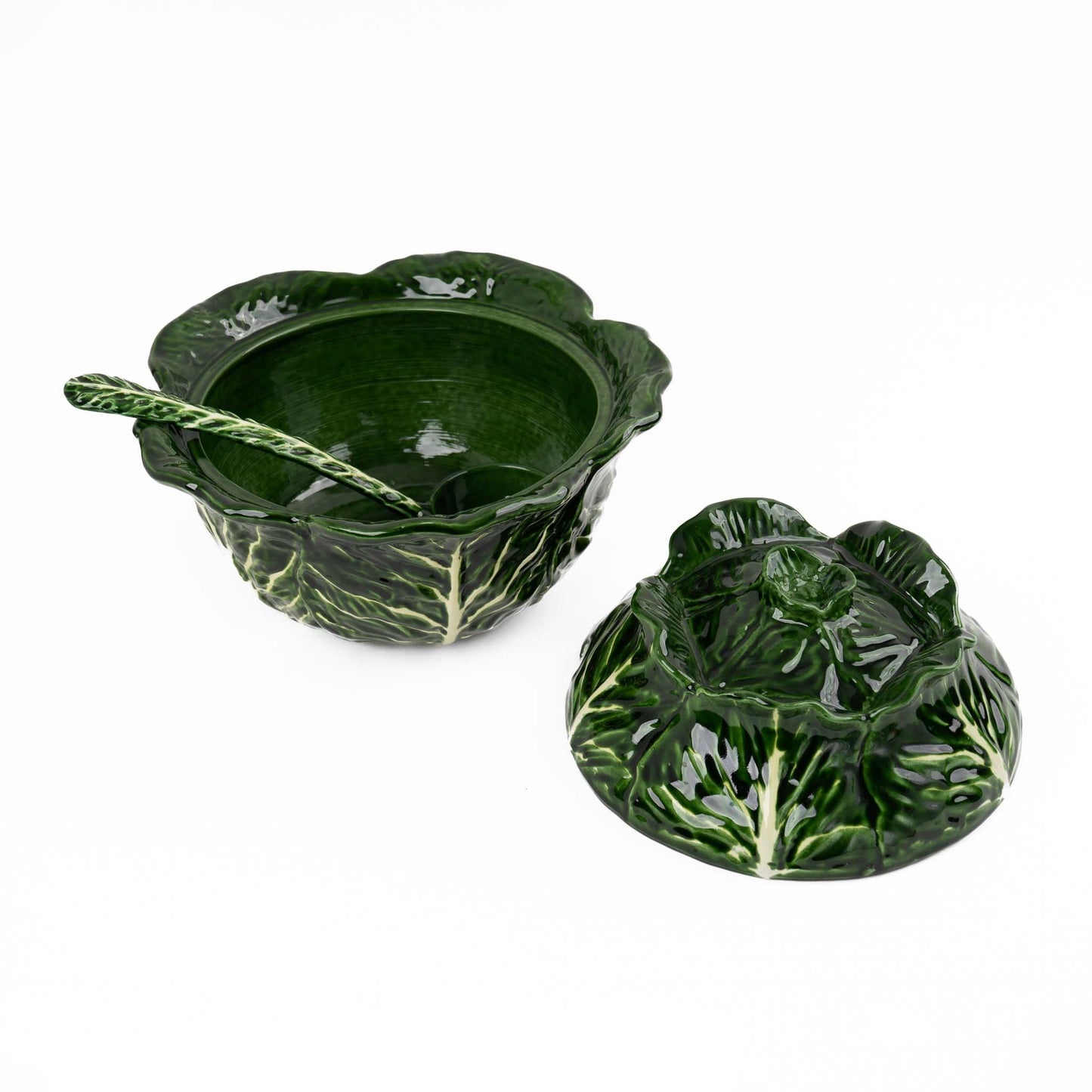 Vintage Italian majolica ceramic tureen shaped like a green cabbage with detailed leaf texture, shown with matching lid and serving spoon