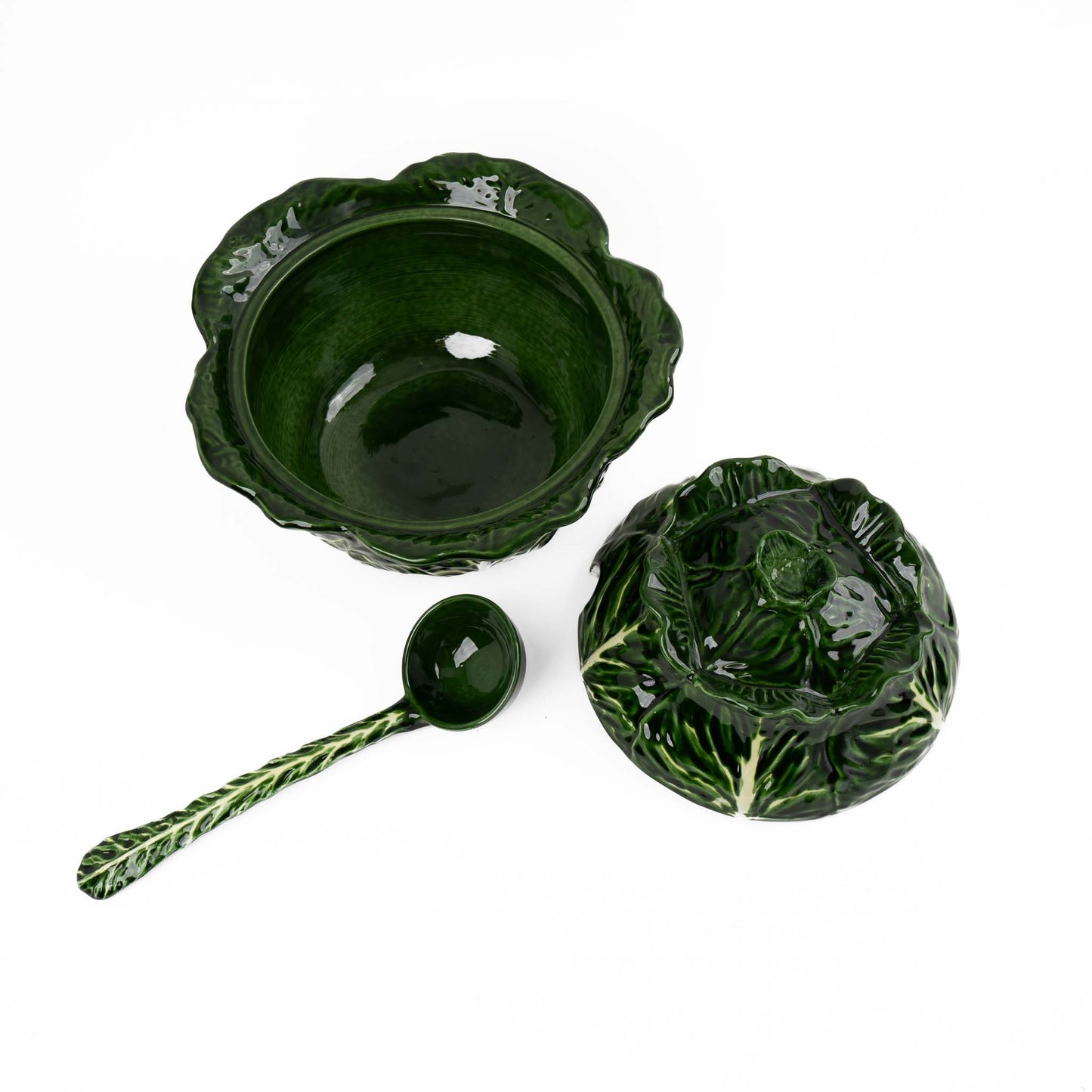 Vintage Italian majolica ceramic tureen shaped like a green cabbage with detailed leaf texture, shown with matching lid and serving spoon