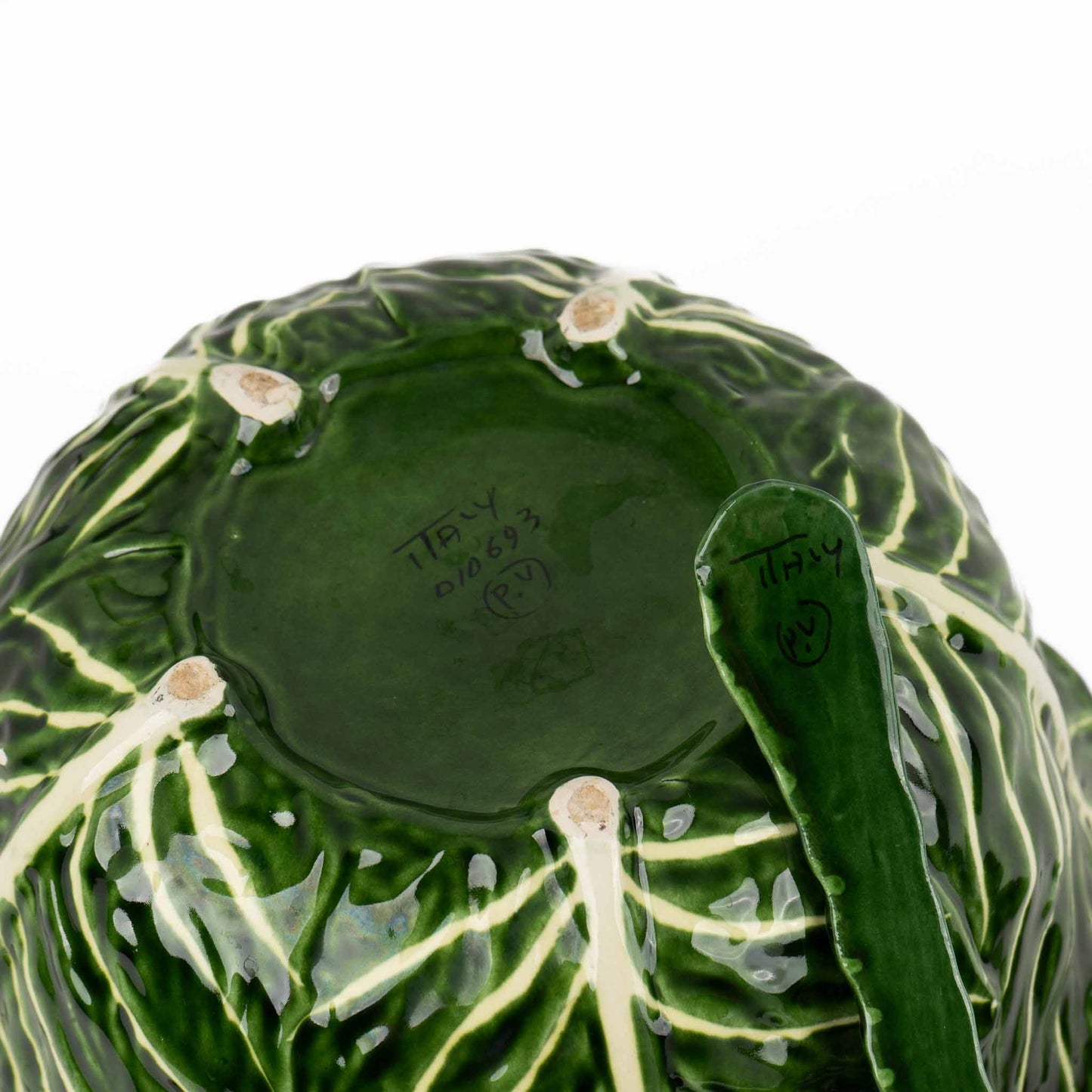 Vintage Italian majolica ceramic tureen shaped like a green cabbage with detailed leaf texture, marked Made in Italy on the bottom and spoon