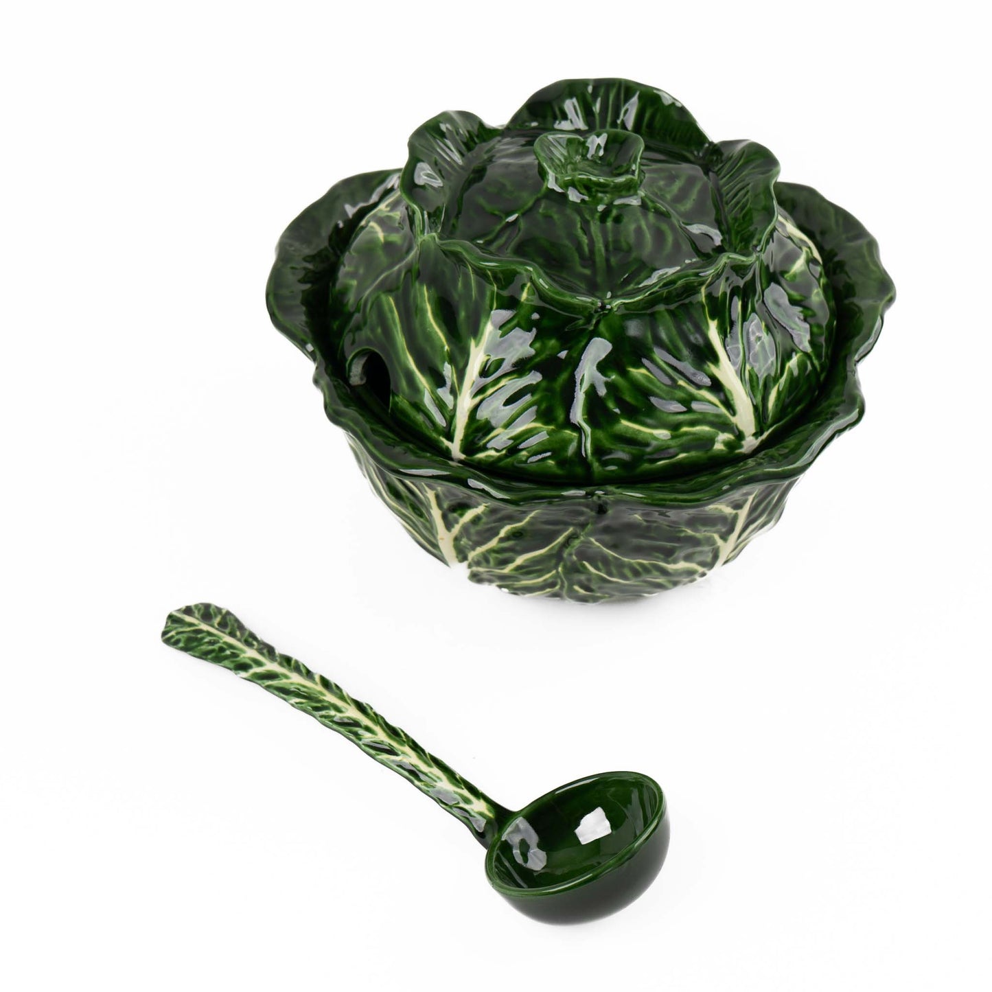 Vintage Italian majolica ceramic tureen shaped like a green cabbage with detailed leaf texture, shown with matching lid and serving spoon