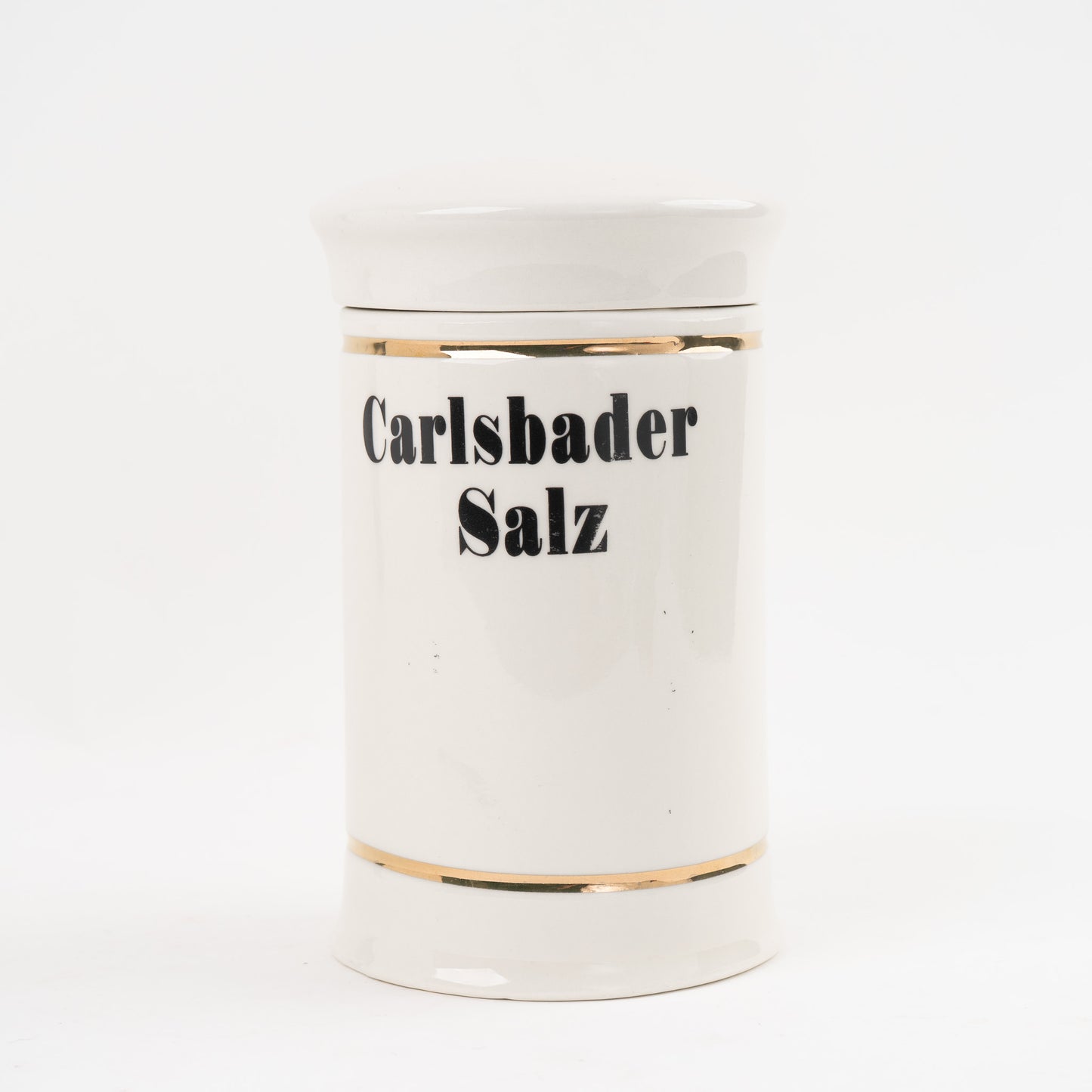 Carlsbader Salz apothecary jar with gold stripes and black vintage lettering with matching lid