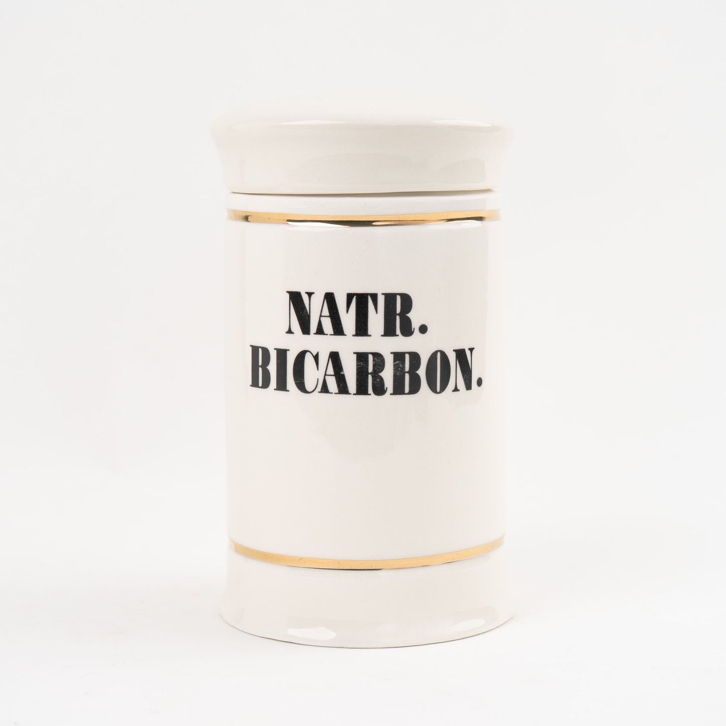 Natr. Bicarbon apothecary jar with gold stripes and black vintage lettering with matching lid