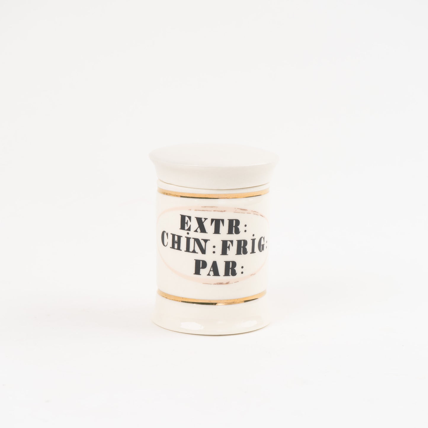 Extr Chin : Frig Par off-white ceramic apothecary jar with gold accents and vintage pharmaceutical-style lettering, with matching lid