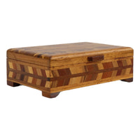 Vintage wood marquetry jewelry box with herringbone inlay pattern and hinged lid