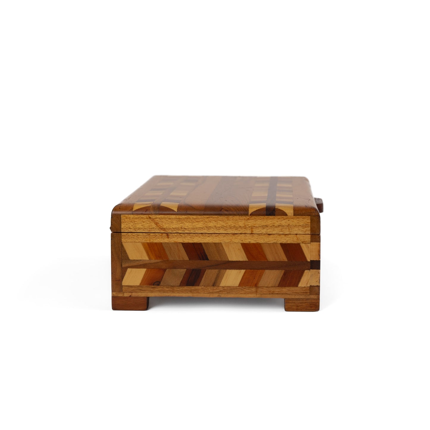 Vintage wood marquetry jewelry box with herringbone inlay pattern and hinged lid