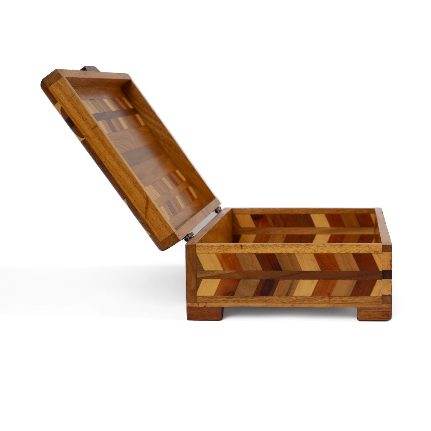 Vintage wood marquetry jewelry box with herringbone inlay pattern and hinged lid