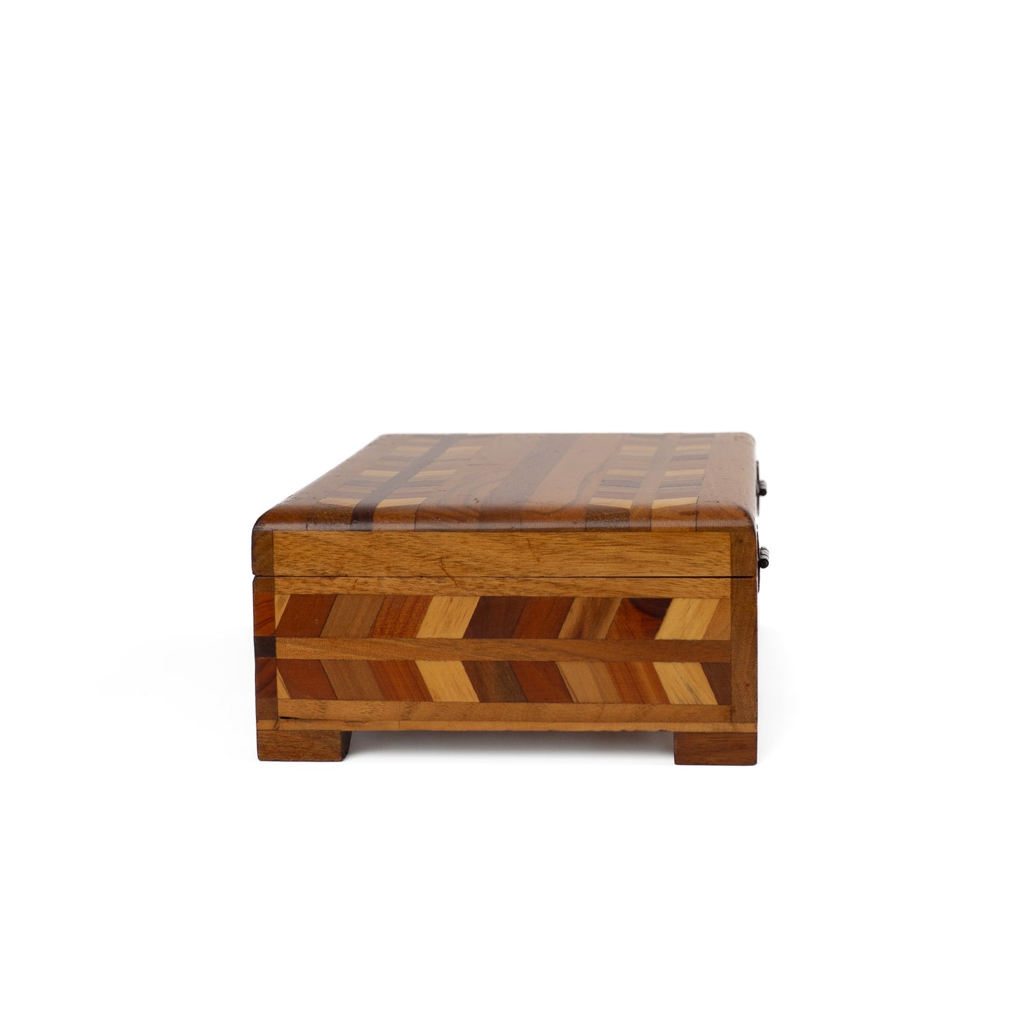 Vintage wood marquetry jewelry box with herringbone inlay pattern and hinged lid