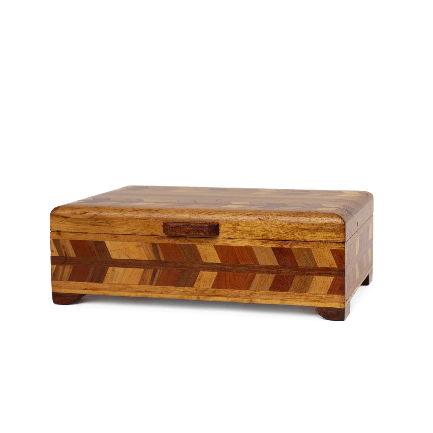 Vintage wood marquetry jewelry box with herringbone inlay pattern and hinged lid