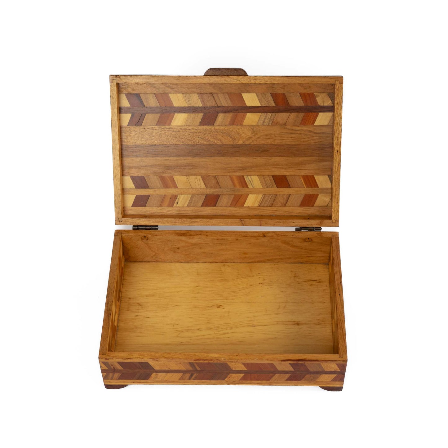 Vintage wood marquetry jewelry box with herringbone inlay pattern and hinged lid