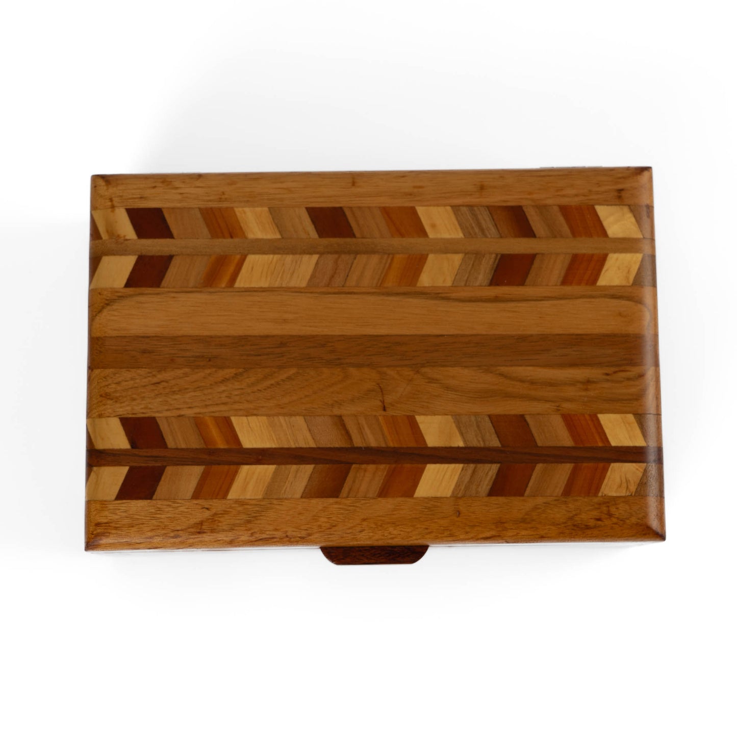 top view of vintage wood marquetry jewelry box storage lid