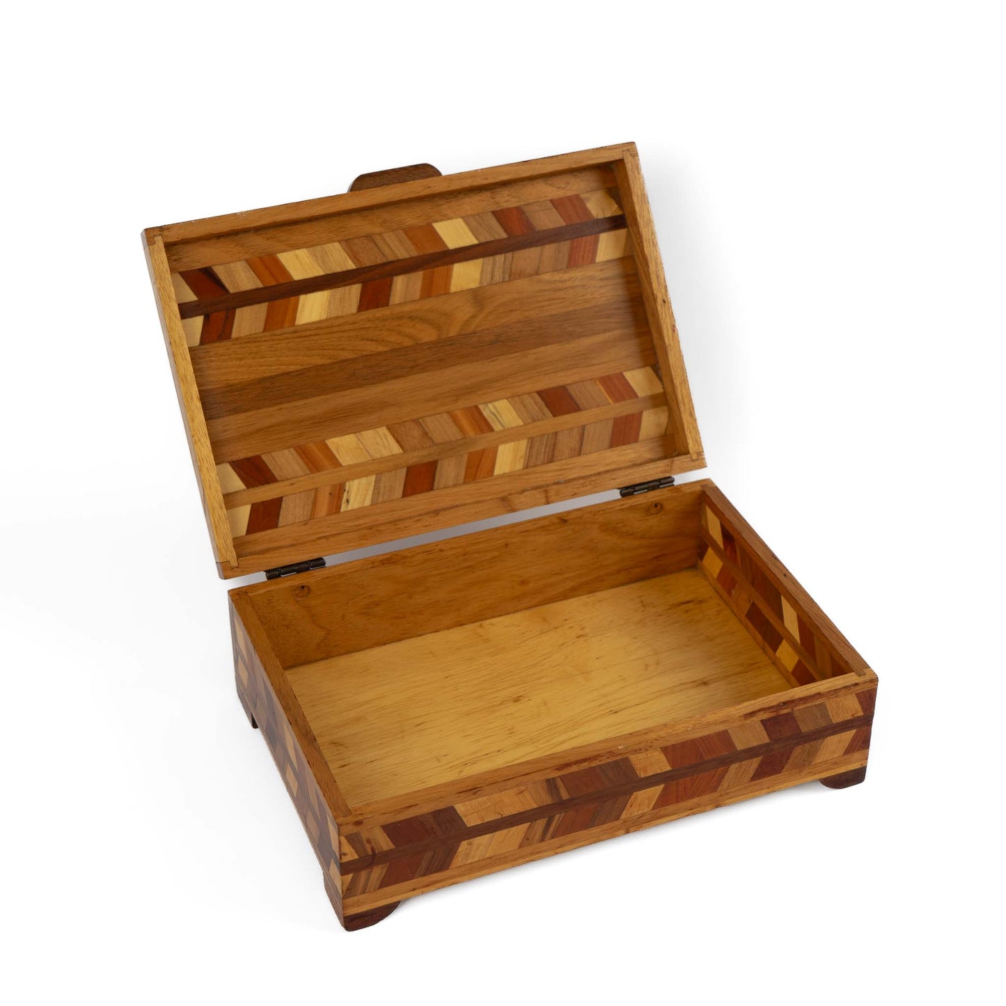 Interior view of vintage wood marquetry jewelry box storage compartment