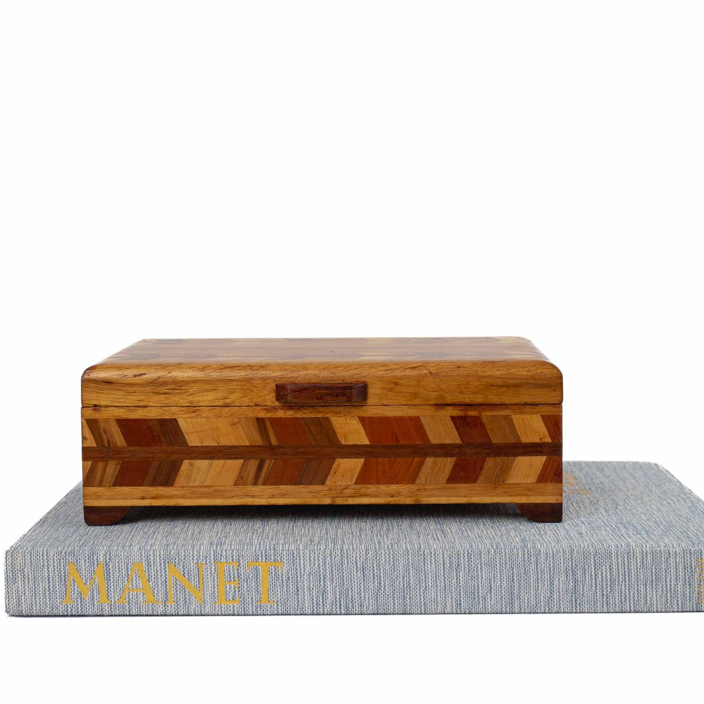 Vintage wood marquetry jewelry box with herringbone inlay pattern and hinged lid