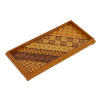 Vintage rectangular wood marquetry tray featuring six geometric patterns with contrasting wood tones and intricate inlay patterns