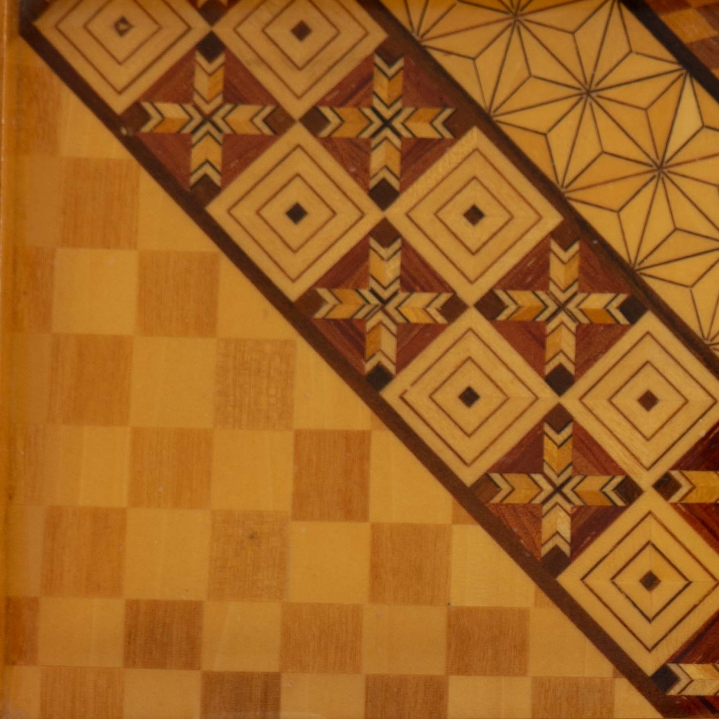 wood marquetry tray featuring six geometric patterns with contrasting wood tones and intricate inlay patterns