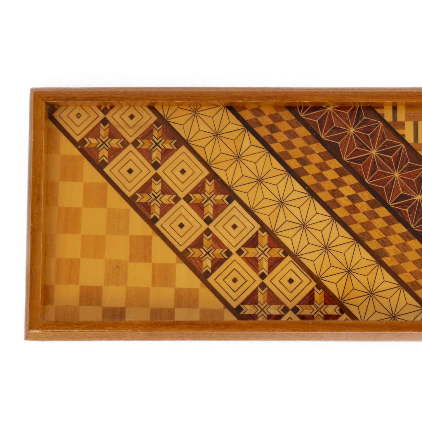 Vintage rectangular wood marquetry tray featuring six geometric patterns with contrasting wood tones and intricate inlay patterns