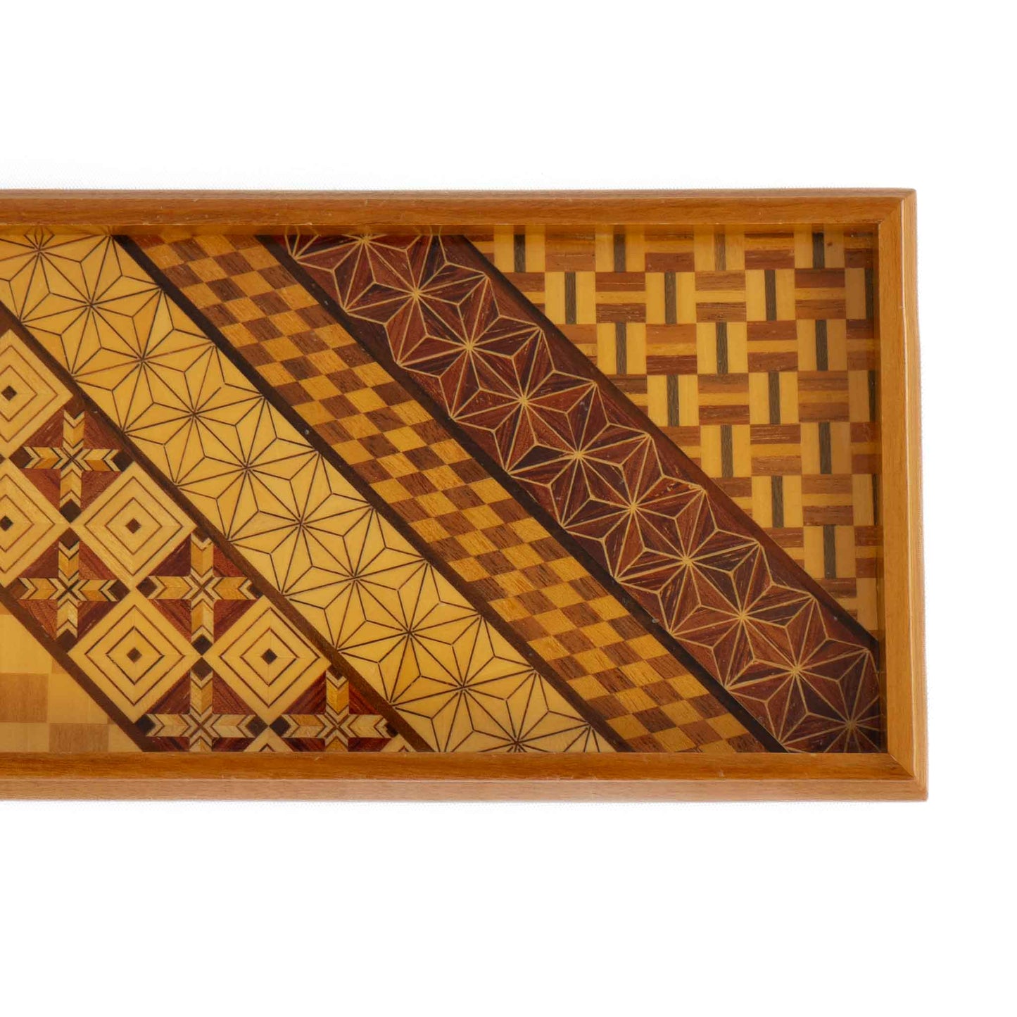 Vintage rectangular wood marquetry tray featuring six geometric patterns with contrasting wood tones and intricate inlay patterns