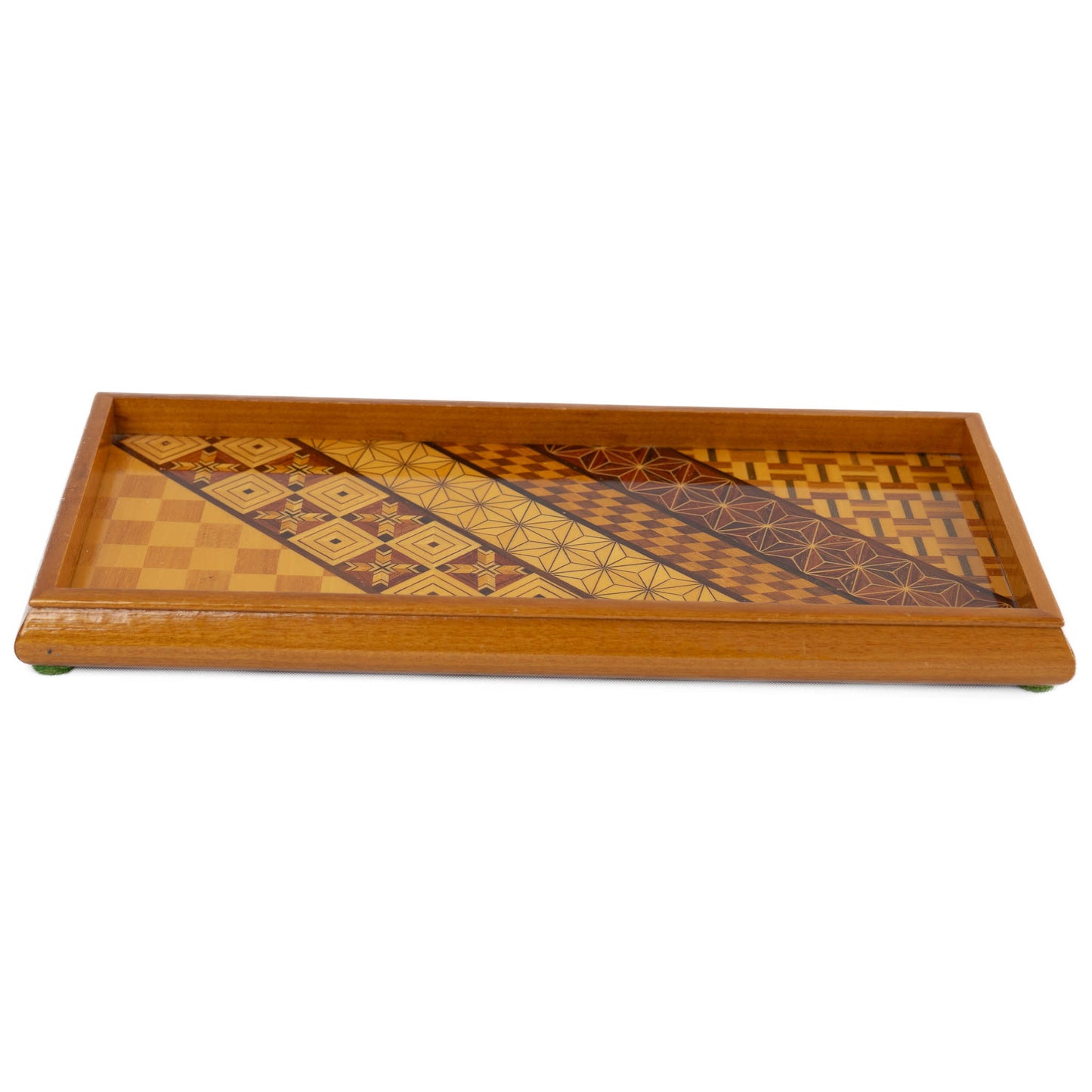 Vintage rectangular wood marquetry tray featuring six geometric patterns with contrasting wood tones and intricate inlay patterns