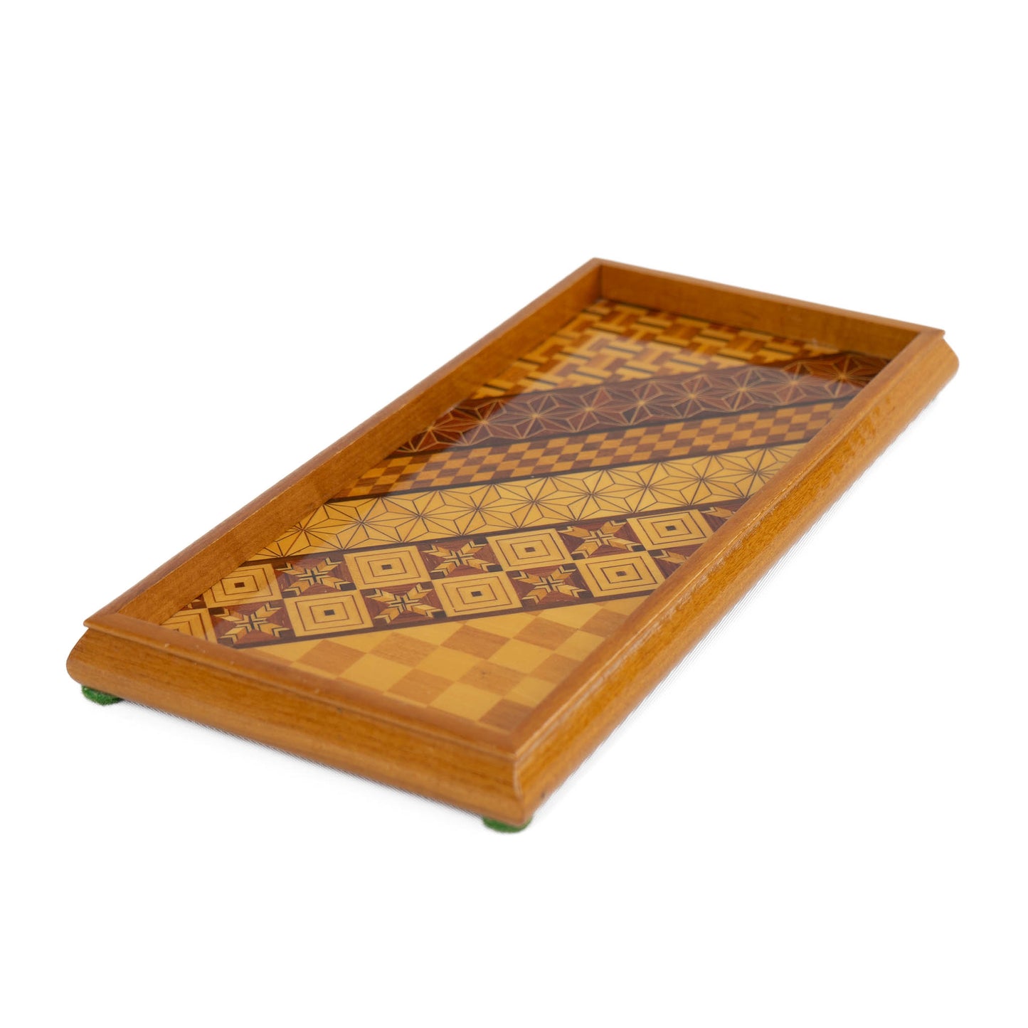 Vintage rectangular wood marquetry tray featuring six geometric patterns with contrasting wood tones and intricate inlay patterns
