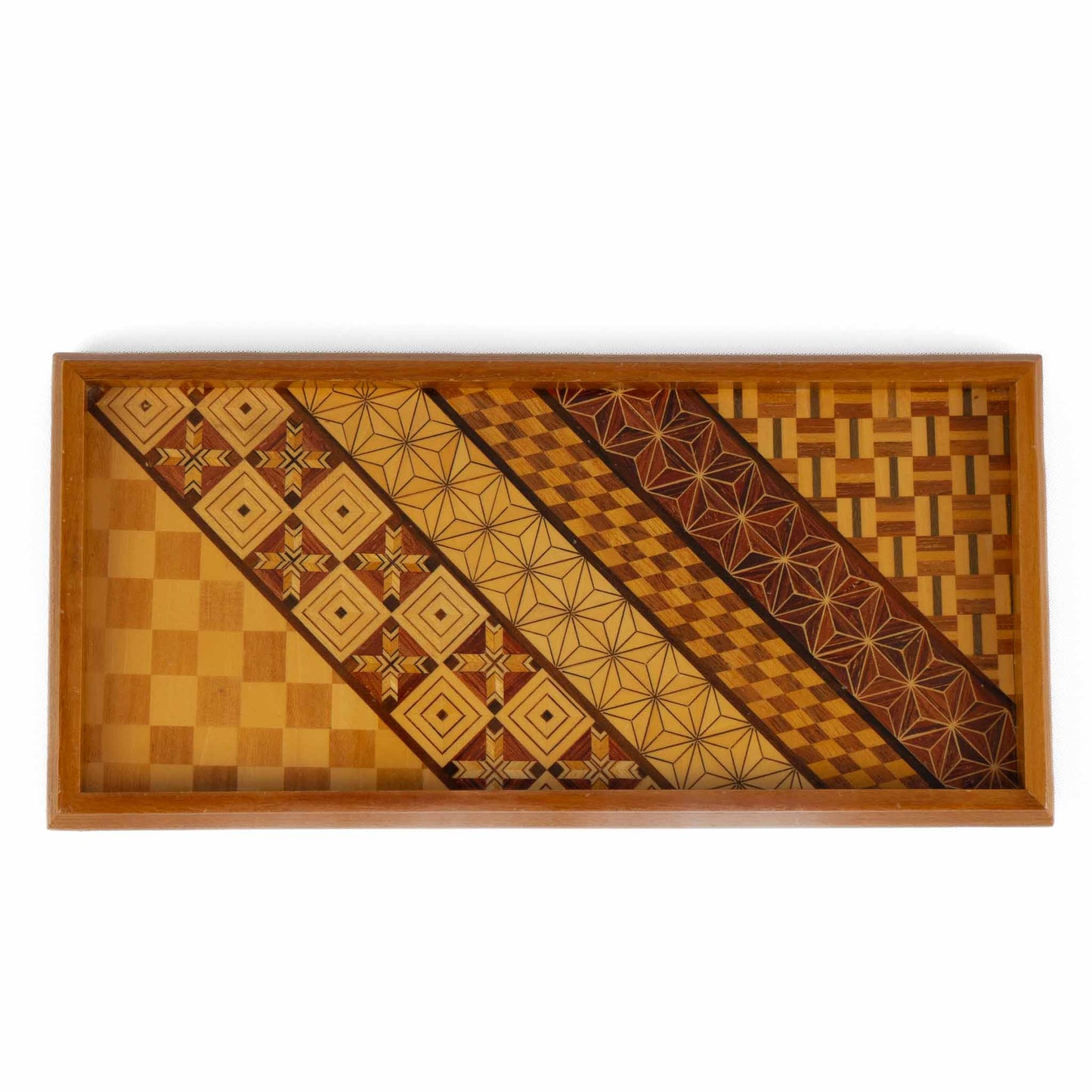 Vintage rectangular wood marquetry tray featuring six geometric patterns with contrasting wood tones and intricate inlay patterns