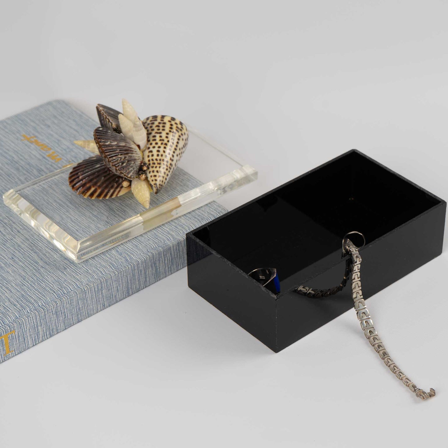 Vintage lucite box with natural seashell cluster handle on lid, perfect for jewelry storage or coastal home decor
