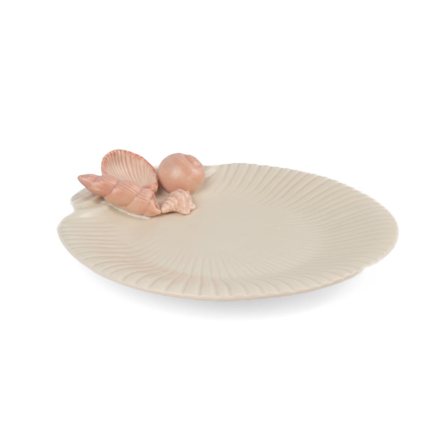 Vintage 1976 Fitz and Floyd ceramic seashell plate in off white with soft pink shell details