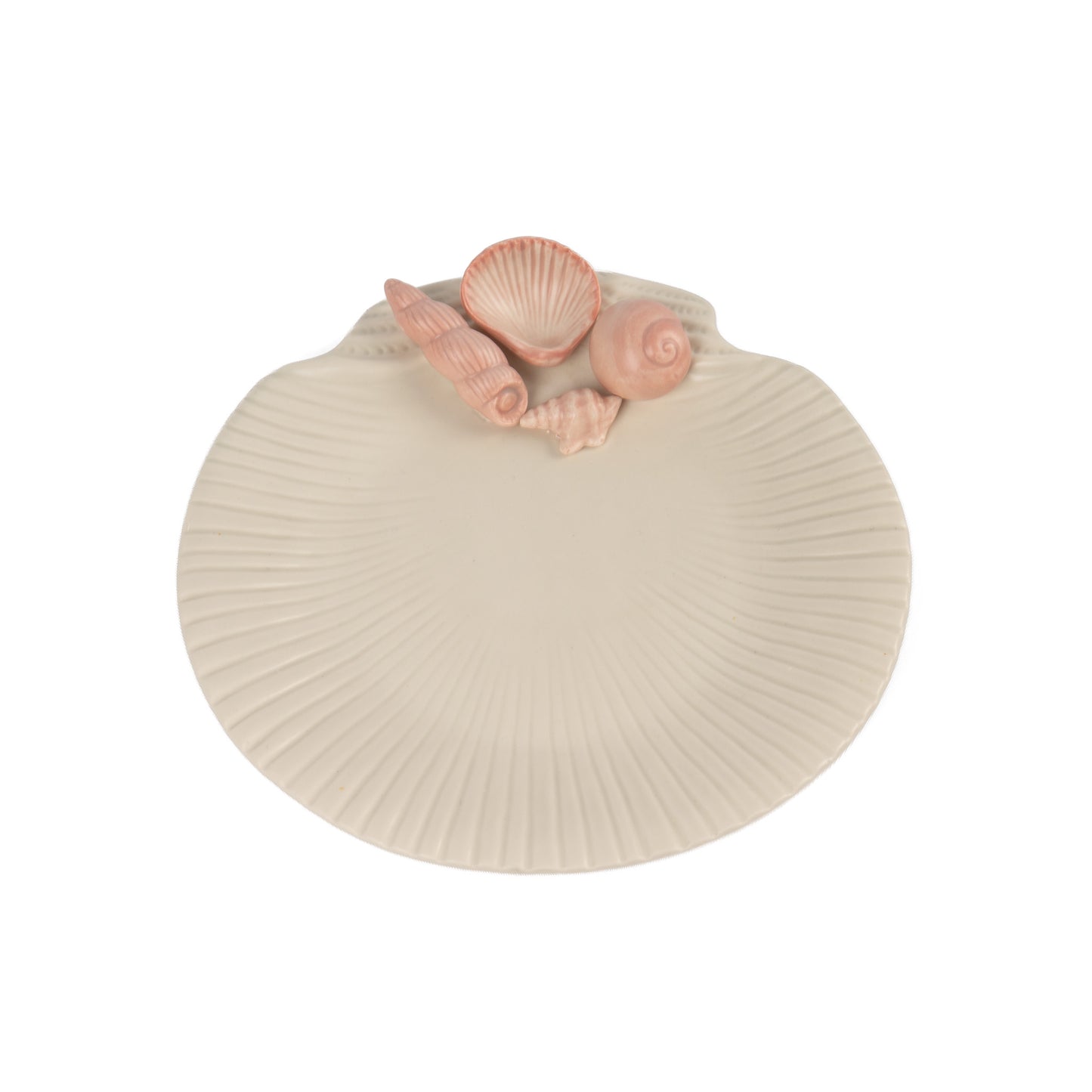 Vintage 1976 Fitz and Floyd ceramic seashell plate in off white with soft pink shell details
