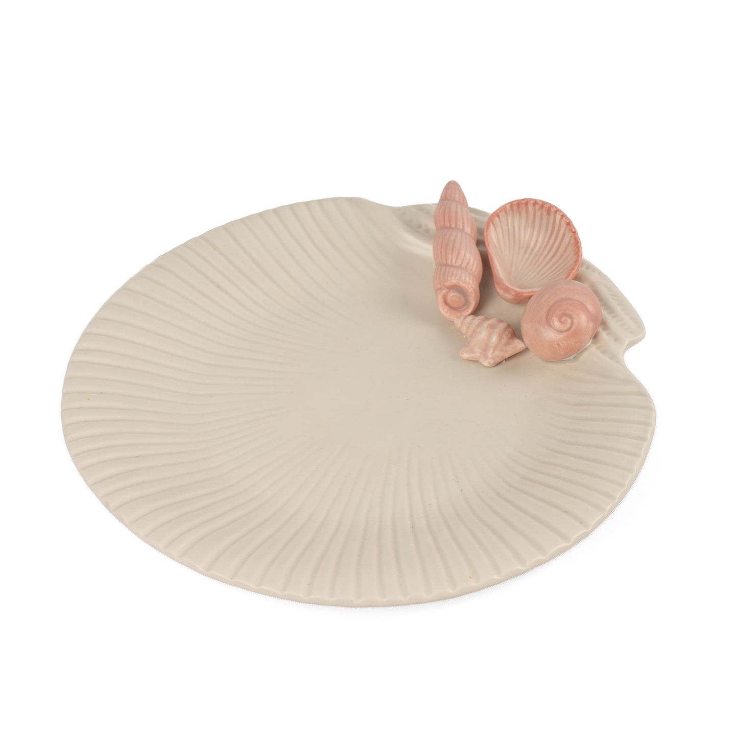 Vintage 1976 Fitz and Floyd ceramic seashell plate in off white with soft pink shell details
