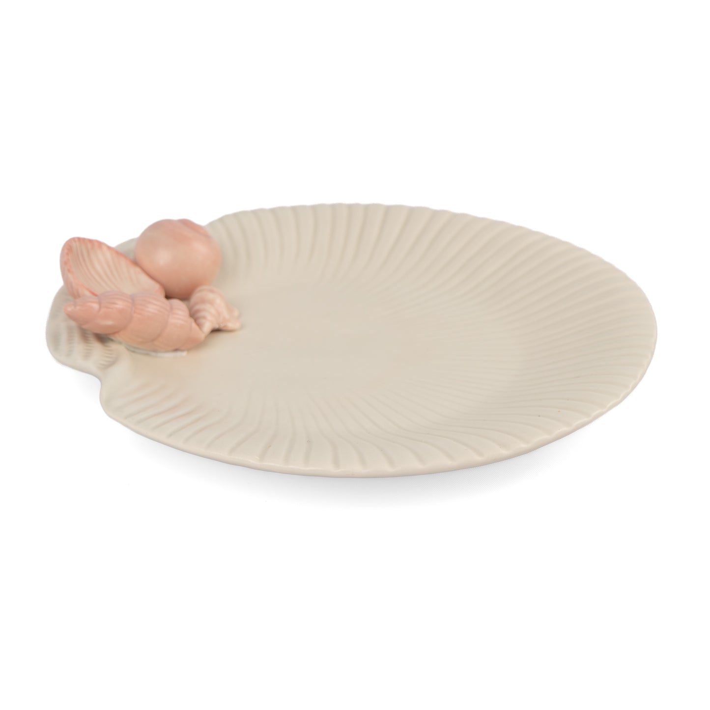 Vintage 1976 Fitz and Floyd ceramic seashell plate in off white with soft pink shell details