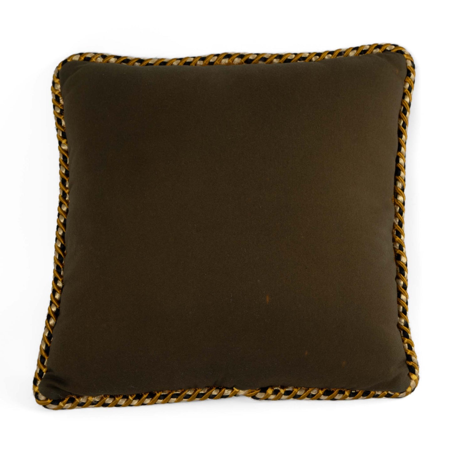 Vintage square needlepoint pillow featuring embroidered lion with decorative scroll border and braided rope piping