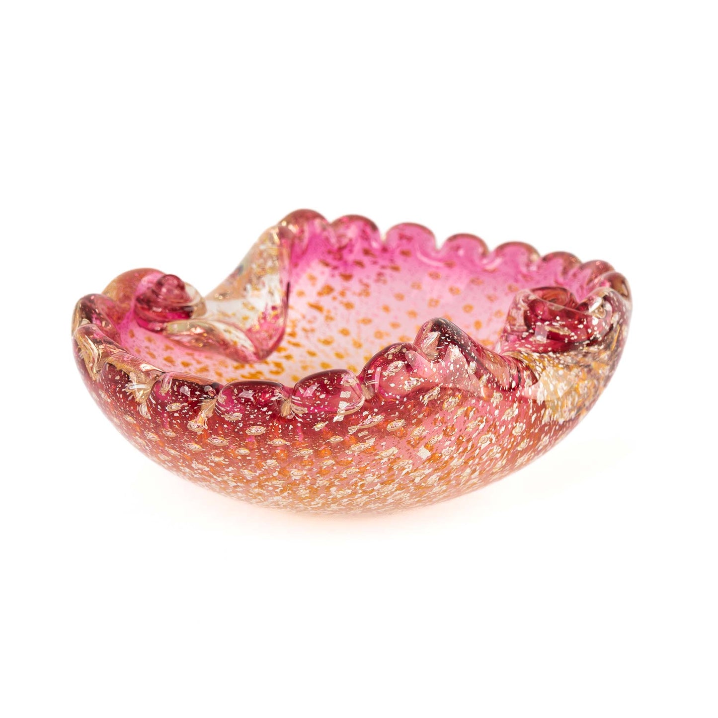 Vintage Murano Bullicante art glass catchall dish in pink and yellow with gold aventurine flecks and scalloped edge, front side