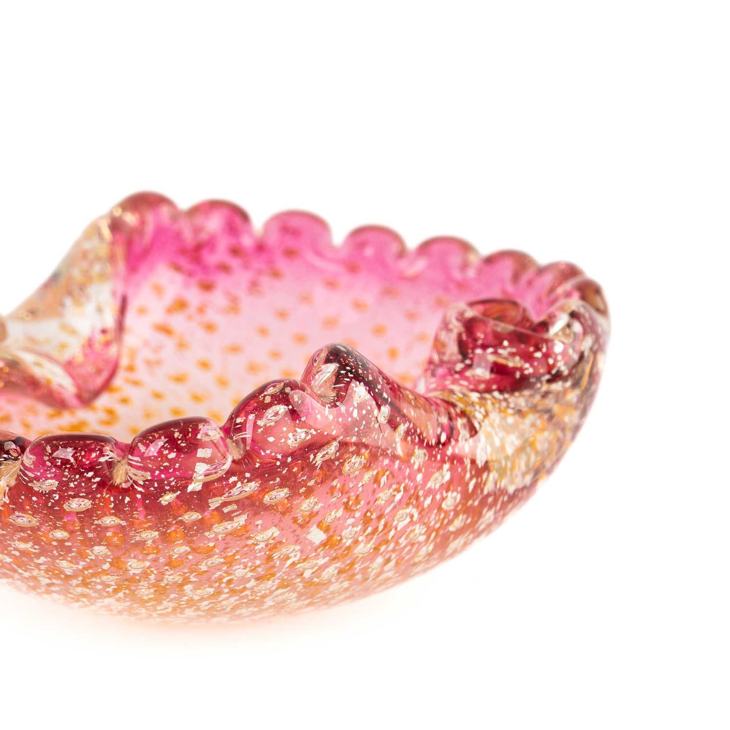 Vintage Murano Bullicante art glass catchall dish in pink and yellow with gold aventurine flecks and scalloped edge