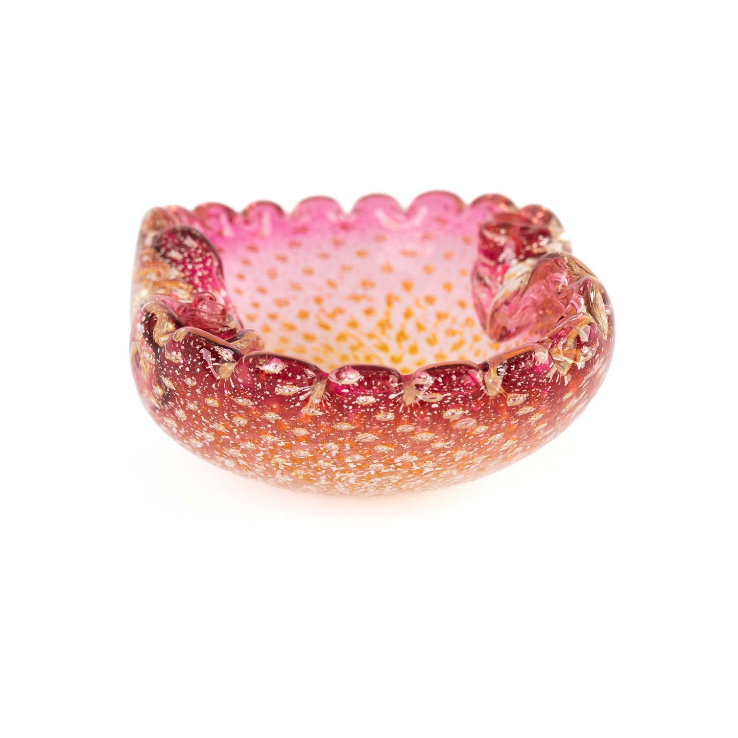 Vintage Murano Bullicante art glass catchall dish in pink and yellow with gold aventurine flecks and scalloped edge