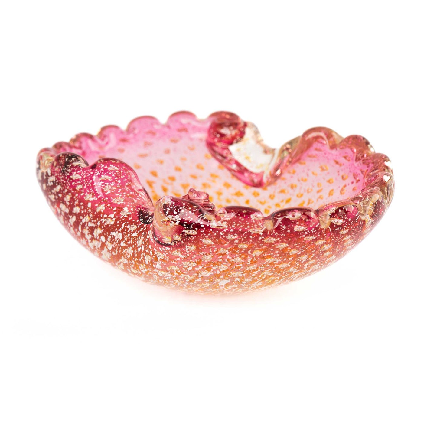 Vintage Murano Bullicante art glass catchall dish in pink and yellow with gold aventurine flecks and scalloped edge