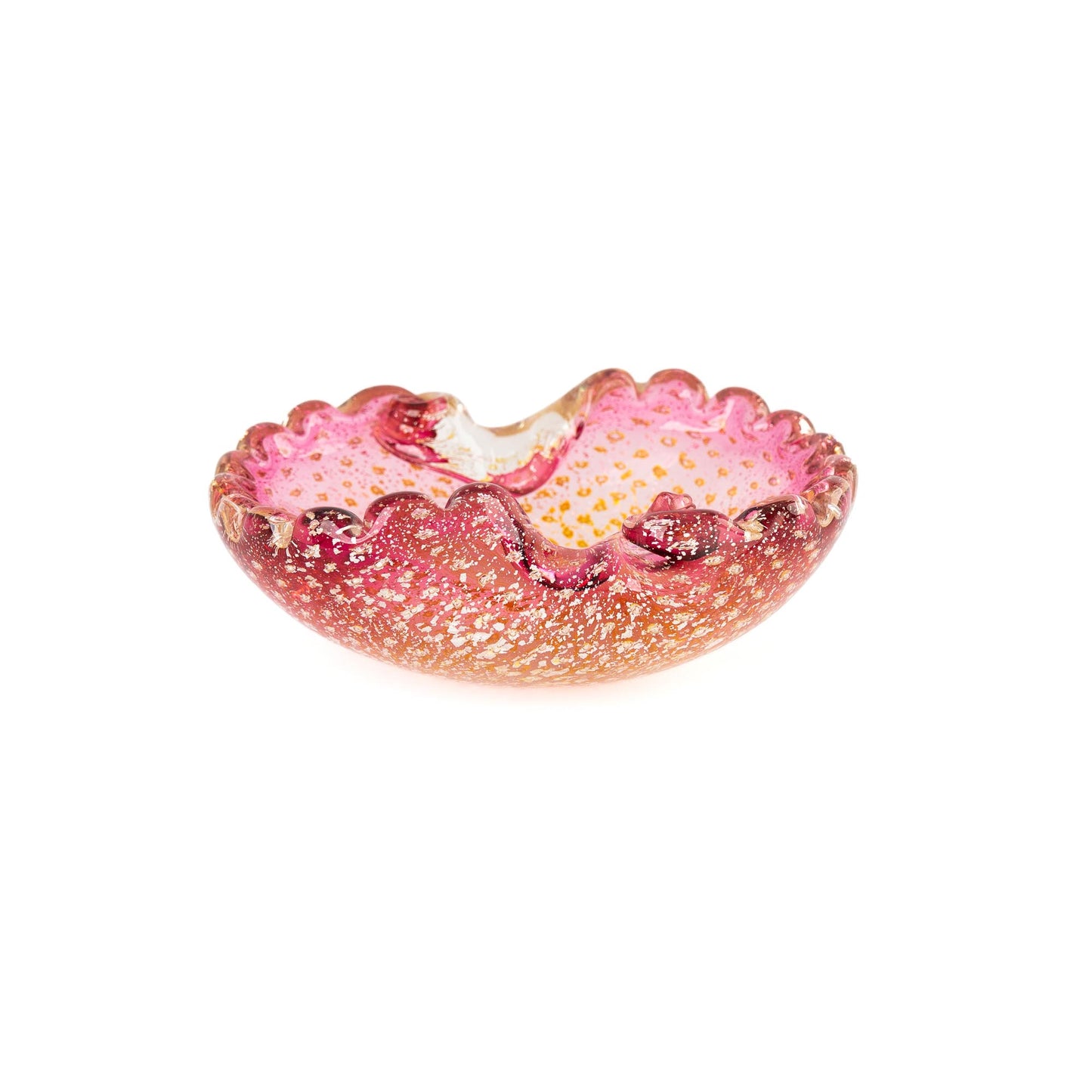  Vintage Murano Bullicante art glass catchall dish in pink and yellow with gold aventurine flecks and scalloped edge