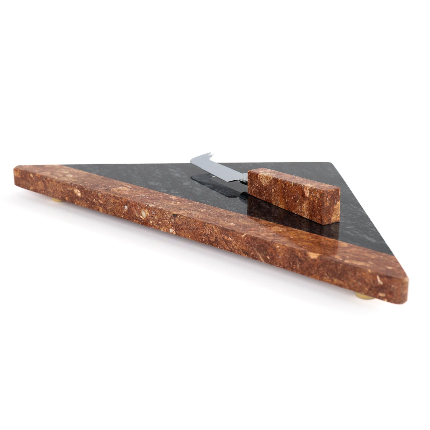 Vintage Georges Briard triangular topaz and black marble cheese board with chrome knife, new in original box