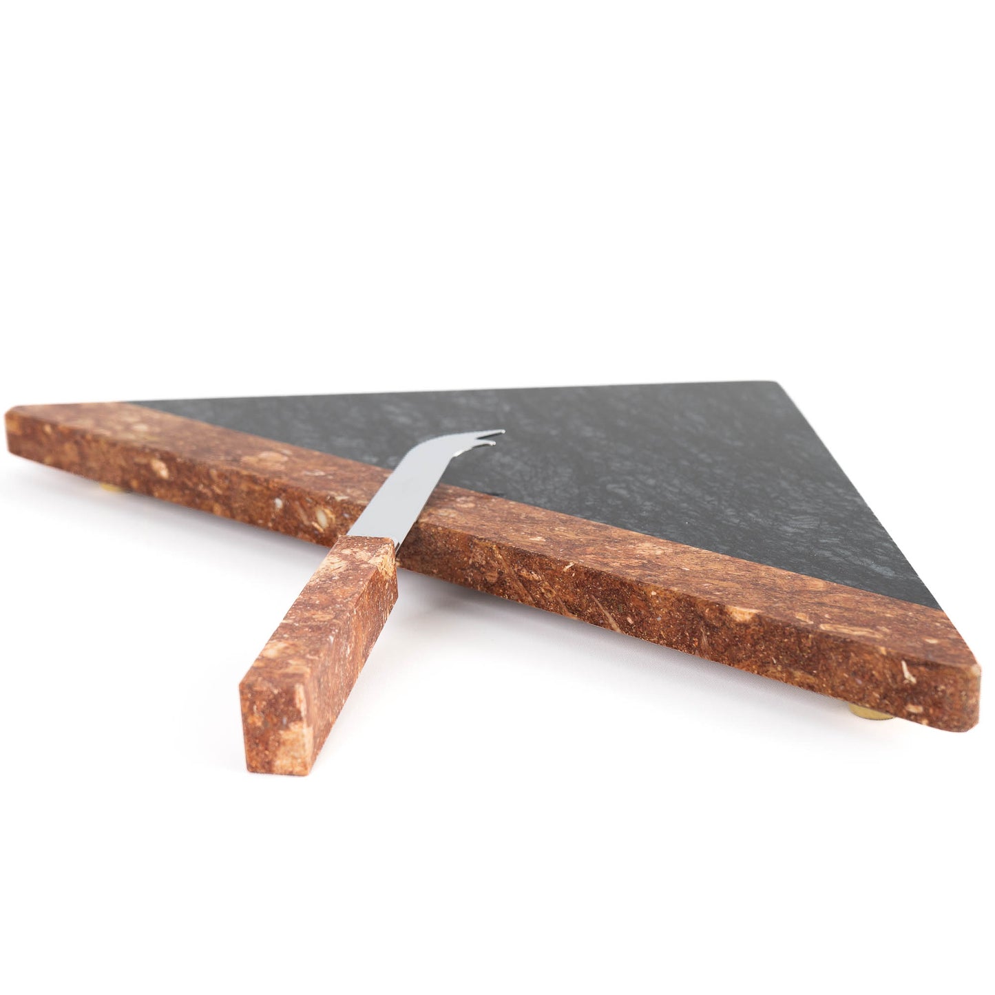 Vintage Georges Briard triangular topaz and black marble cheese board with chrome knife, new in original box