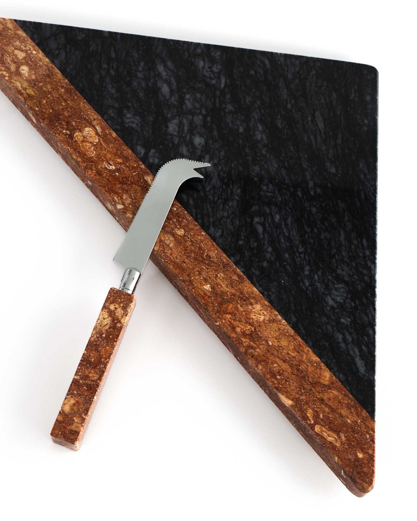 Vintage Georges Briard triangular  brown topaz and black marble cheese board with chrome knife