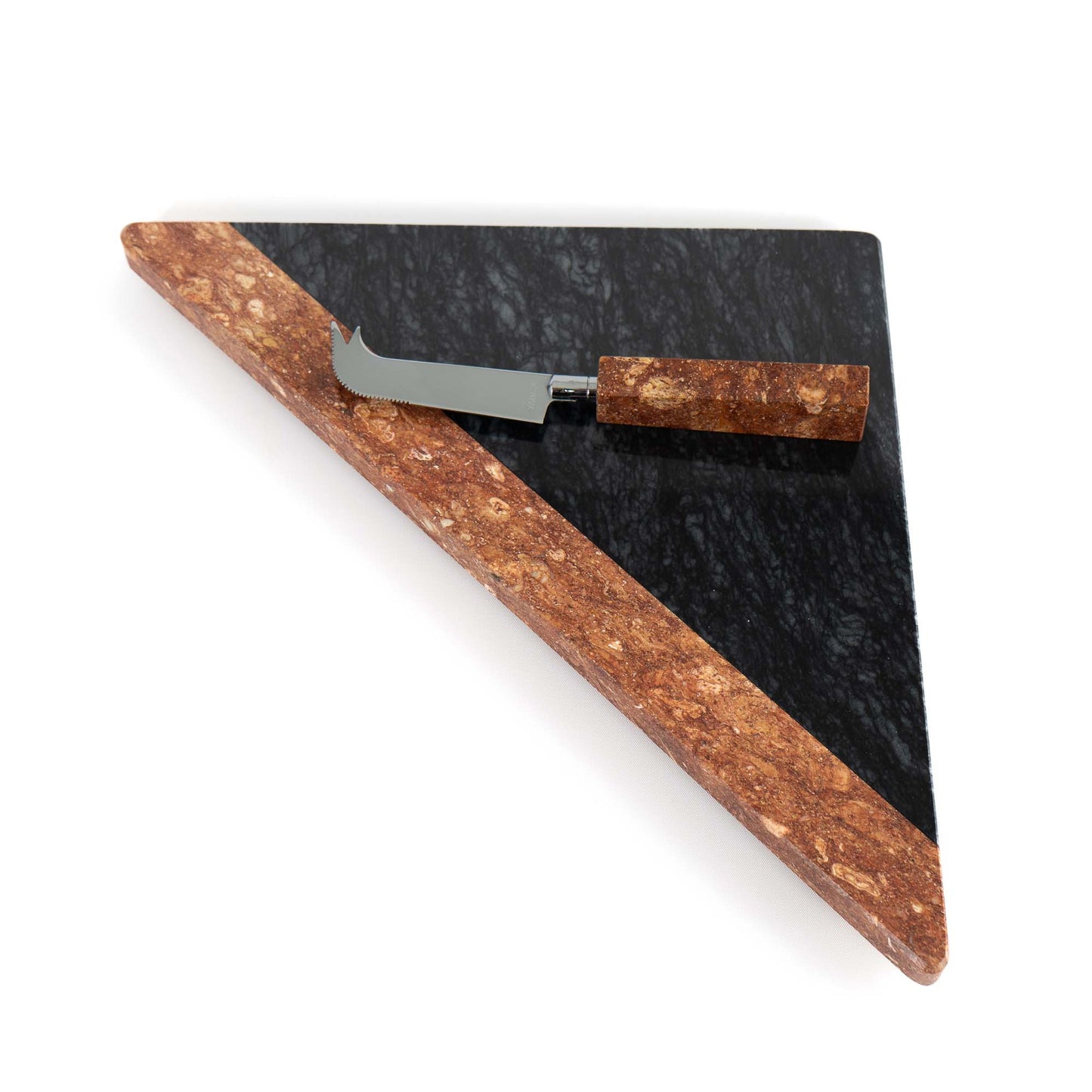 Vintage Georges Briard triangular topaz and black marble cheese board with chrome knife