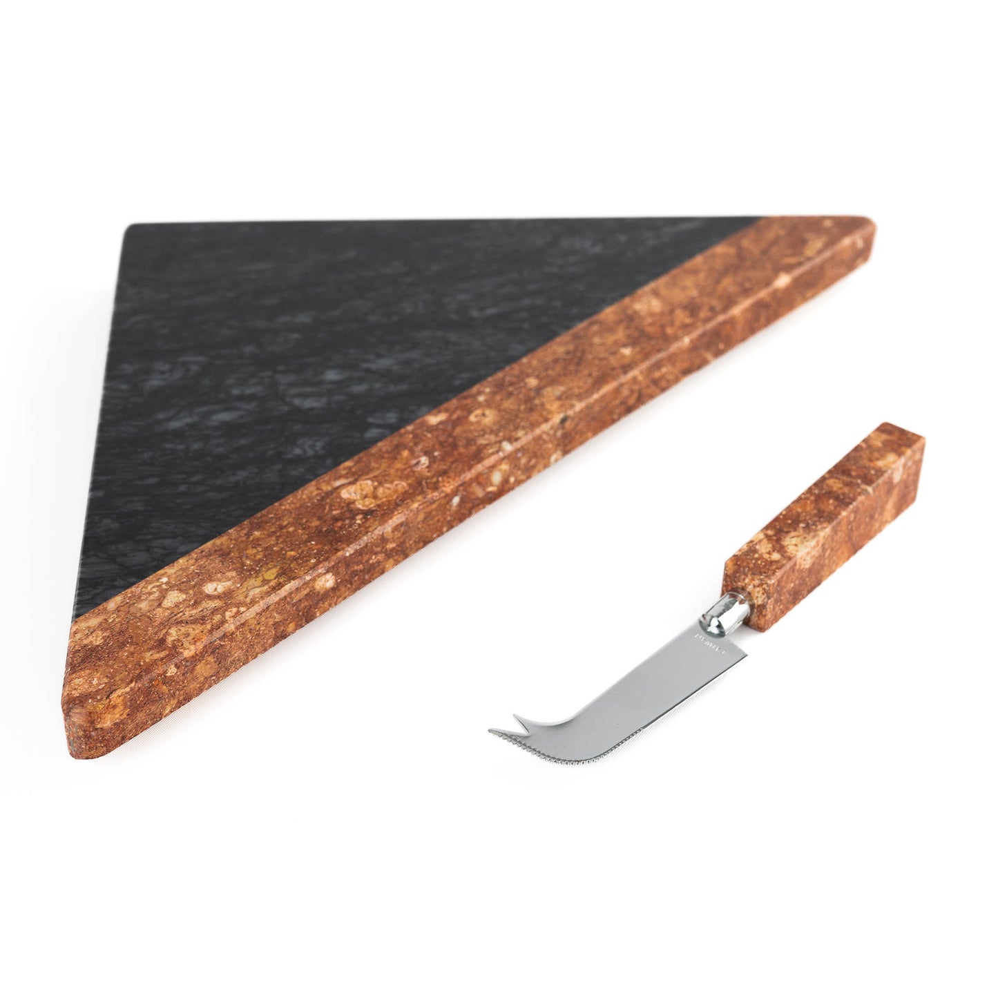 Vintage Georges Briard triangular topaz and black marble cheese board with chrome knife, new in original box