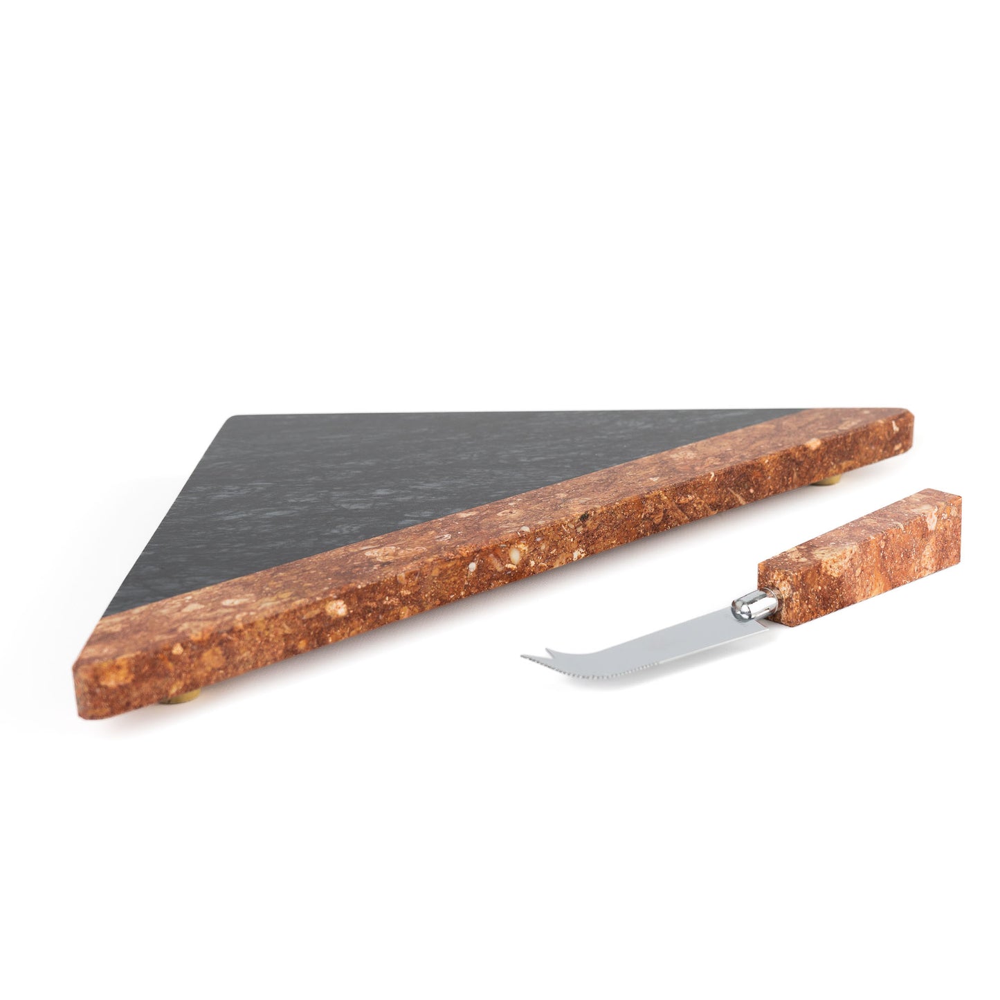 Vintage Georges Briard triangular topaz and black marble cheese board with chrome knife